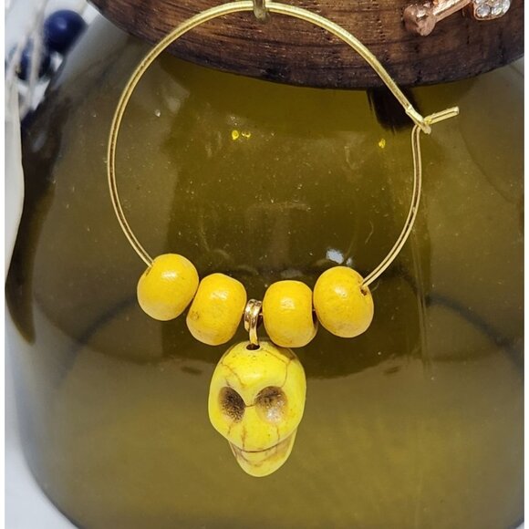 Colorful Skull-Themed Wine Glass Charms Set - 4 Unique Charms With Beads & Wood - Picture 7 of 13